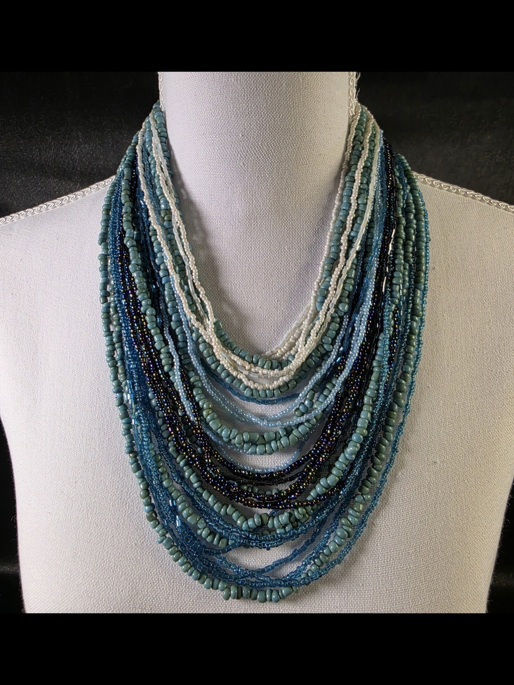 Vintage Multi Strand Seed Bead Statement Necklace Aqua Blue Boho Bib Necklace